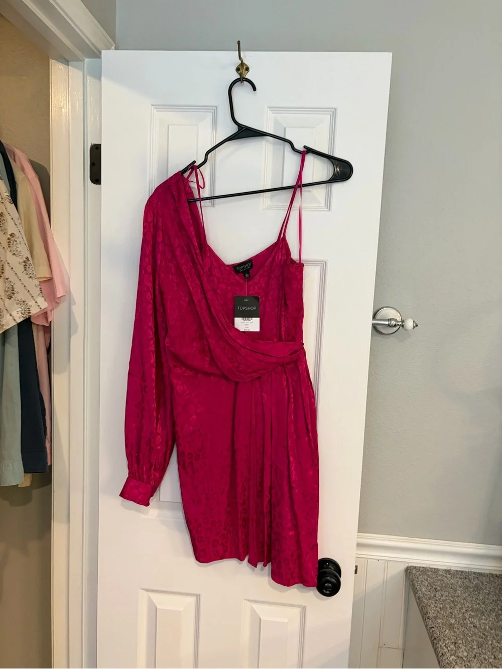 Topshop One Shoulder Leopard Dress US 6 Fuchsia NWT